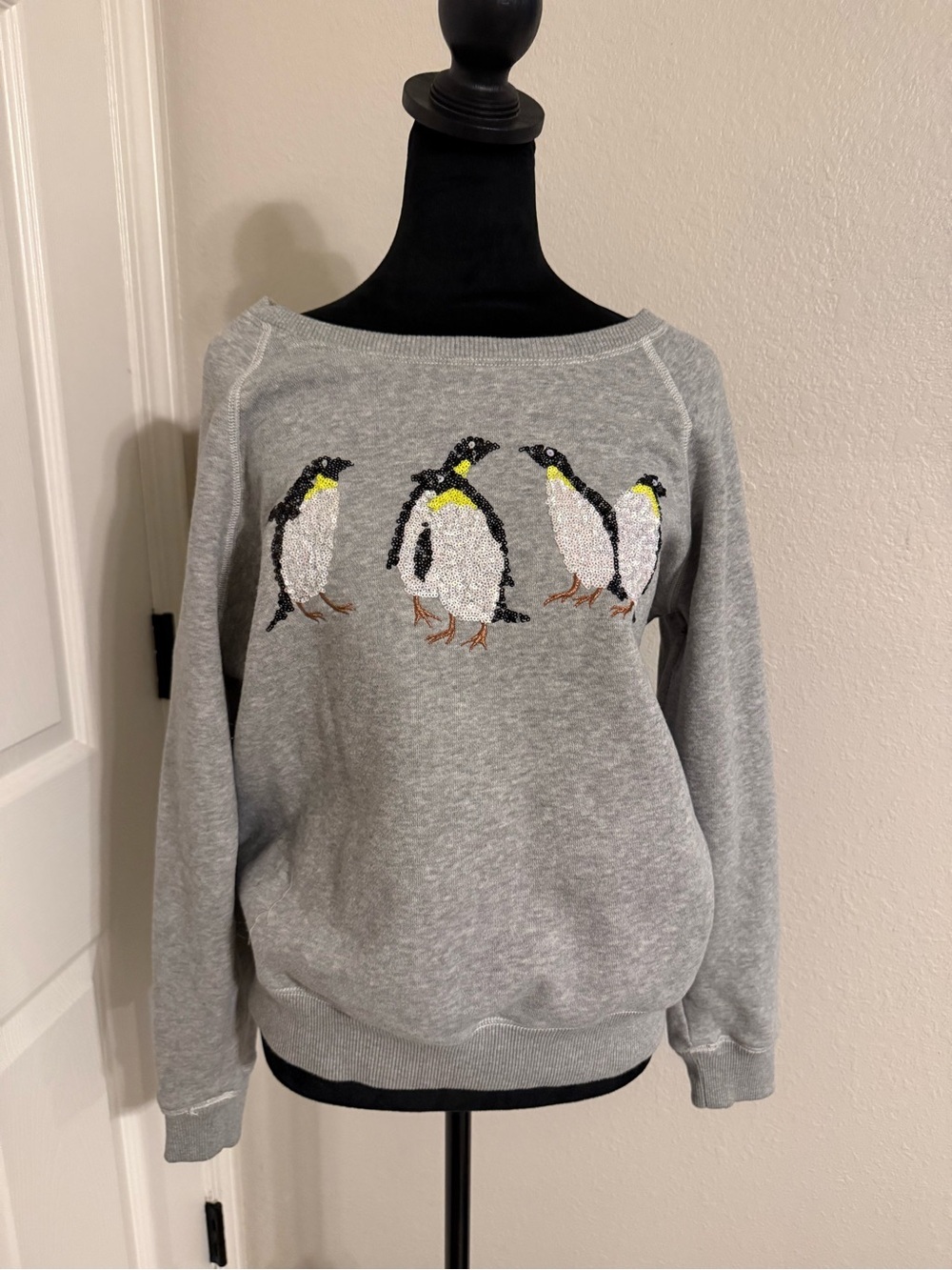 American Eagle Outfitters Gray Crewneck Sweater with Penguin Sequins